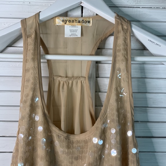 T15 Eyeshadow tan ecru with clear large sequins tank racer back with pleats sz M - Picture 2 of 12